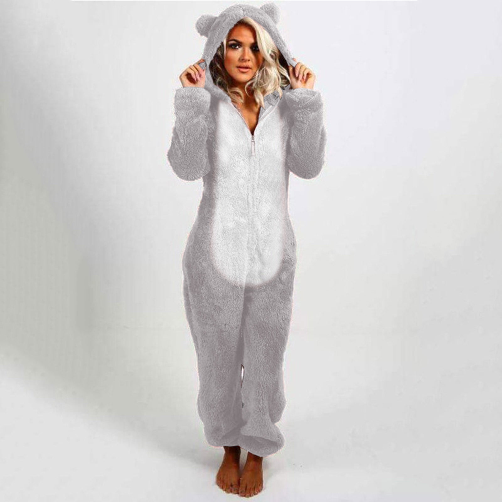 FNFYFH Pajama Onesie for Women Winter Warm Zipper Pajamas Set Cute Teddy Bear Fleece Jumpsuit Fuzzy Furry Sleepwear Sets with Hood Plus Size S-5XL