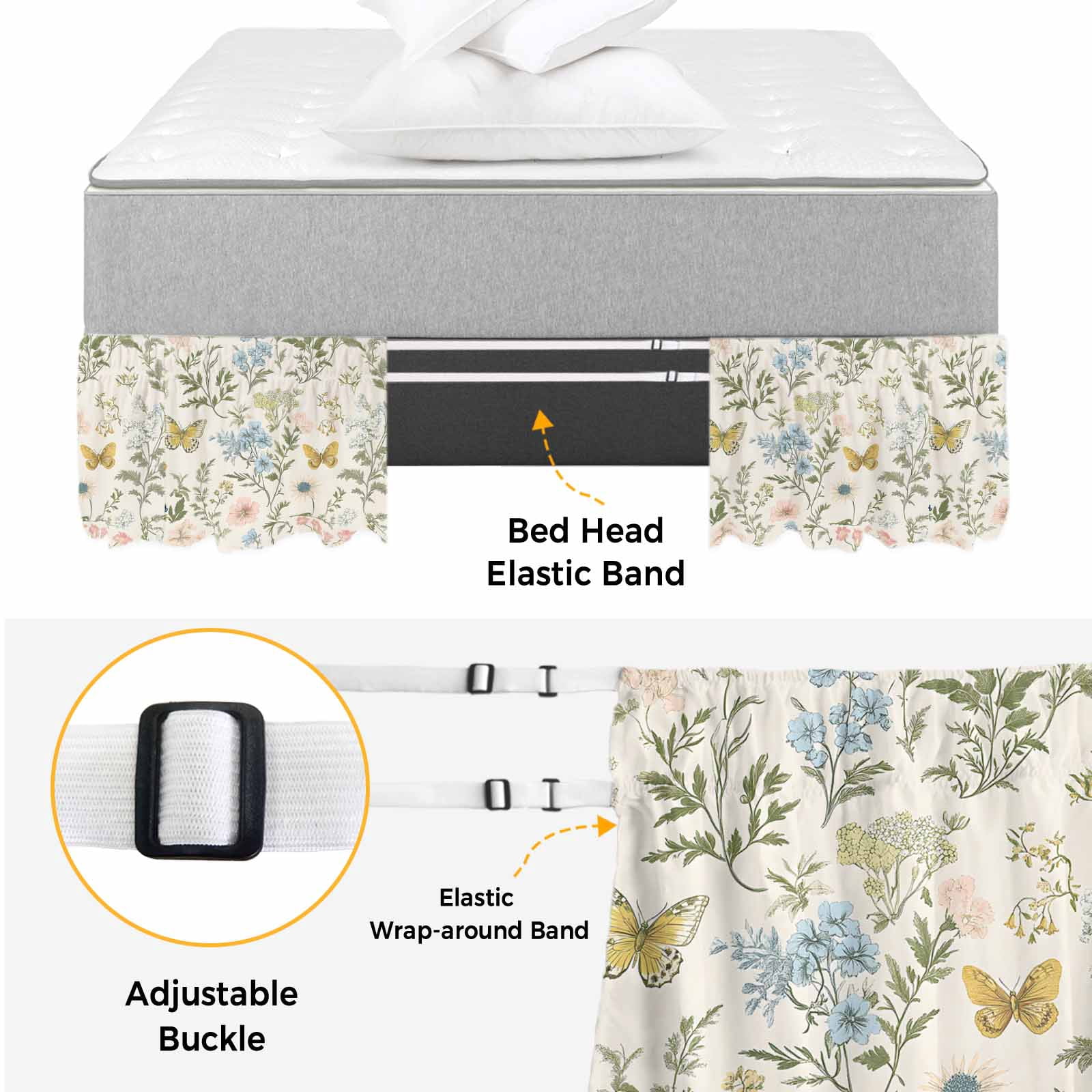 Wildflowers Bed Skirt Queen Size, Spring Flowers Plants Farmhouse Pastoral Wrap Around Bed Skirting with Adjustable Elastic Strap, Dust Ruffle Pleated Bedskirts 16 Inch Drop for Bedroom Queen Beds
