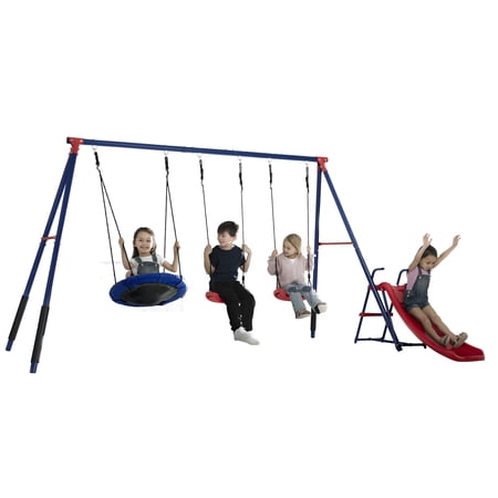 Delta Children FunZone Outdoor Metal 4-Piece Swing Set - Includes 2 Swings, 1 Disc/Saucer Swing and Slide, Blue/Red