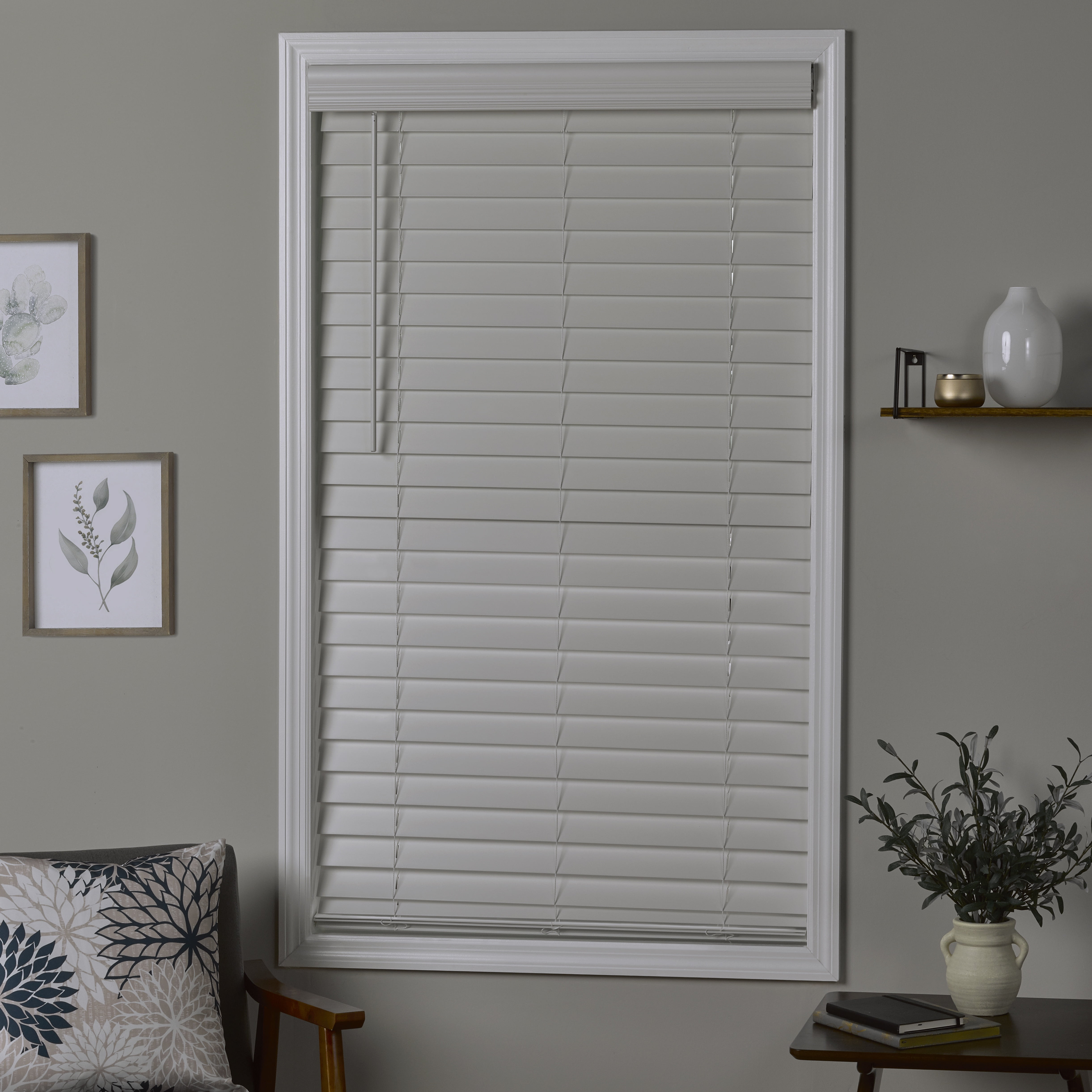 Coverscaped 2.5" Cordless Faux Wood Smooth White Blinds with 3.25" Crown Valance, 34.5" x 74"