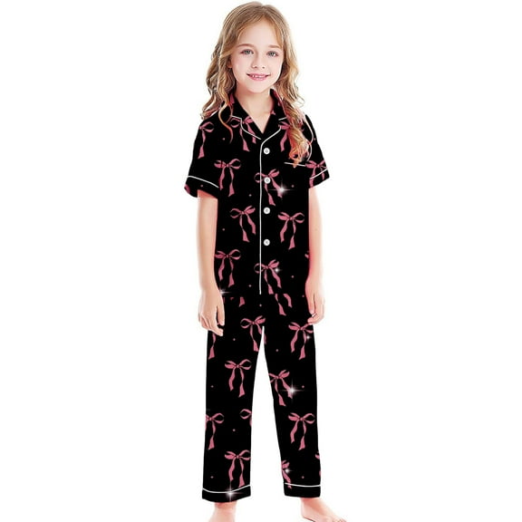 oqasdz Girls Pajamas Silk Elastic Waist Like Printed Loungewear Comfortable Sleepwear For Kids Teen Spring Fall Loose Fit Pajama Set/10-11 Years