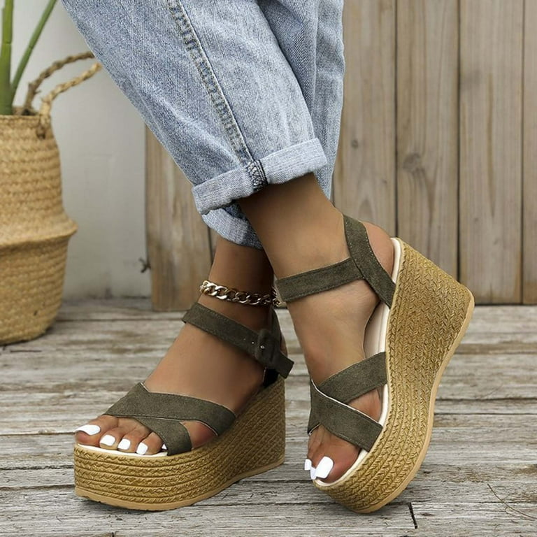 Lovskoo 2024 Women s Boho Wedge Sandals Open Toe Ankle Strap Summer Platform Faux Suede Sandals Olive Green Walmart