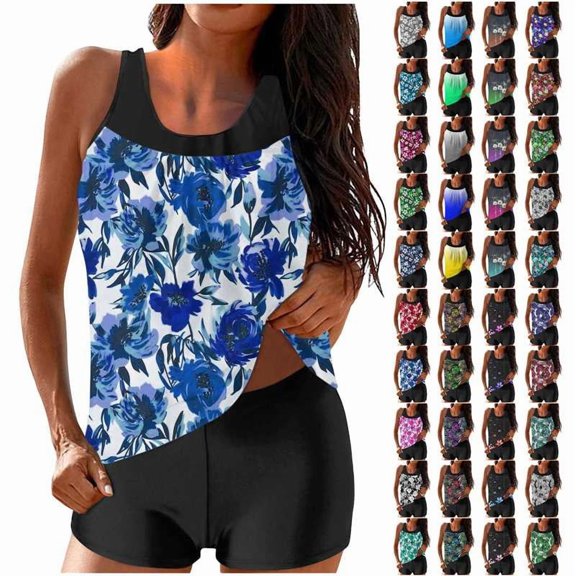 Horkkom Two Piece Swimsuit for Women Summer Beach Bathing Suit Slim Tankini Swimsuits with Shorts, Camisole Tops L