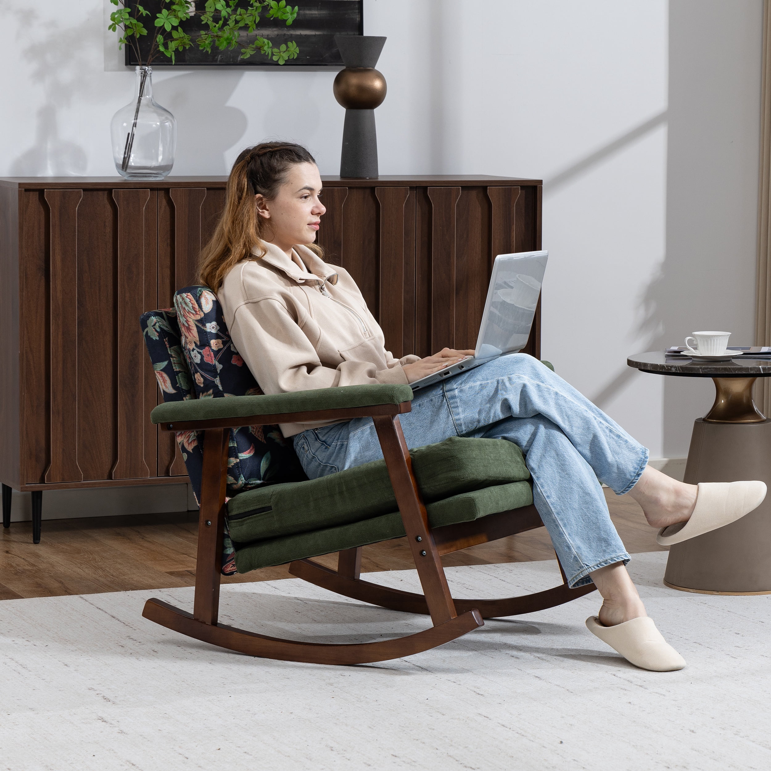 Paproos Rocking Chair, Paproos Velvet Upholstered Rocker Chair, Glider Rocker Accent Chair with Cushion, Rocking Chair for Nursery, Armchair Reading Chair for Living Room Bedroom, Green