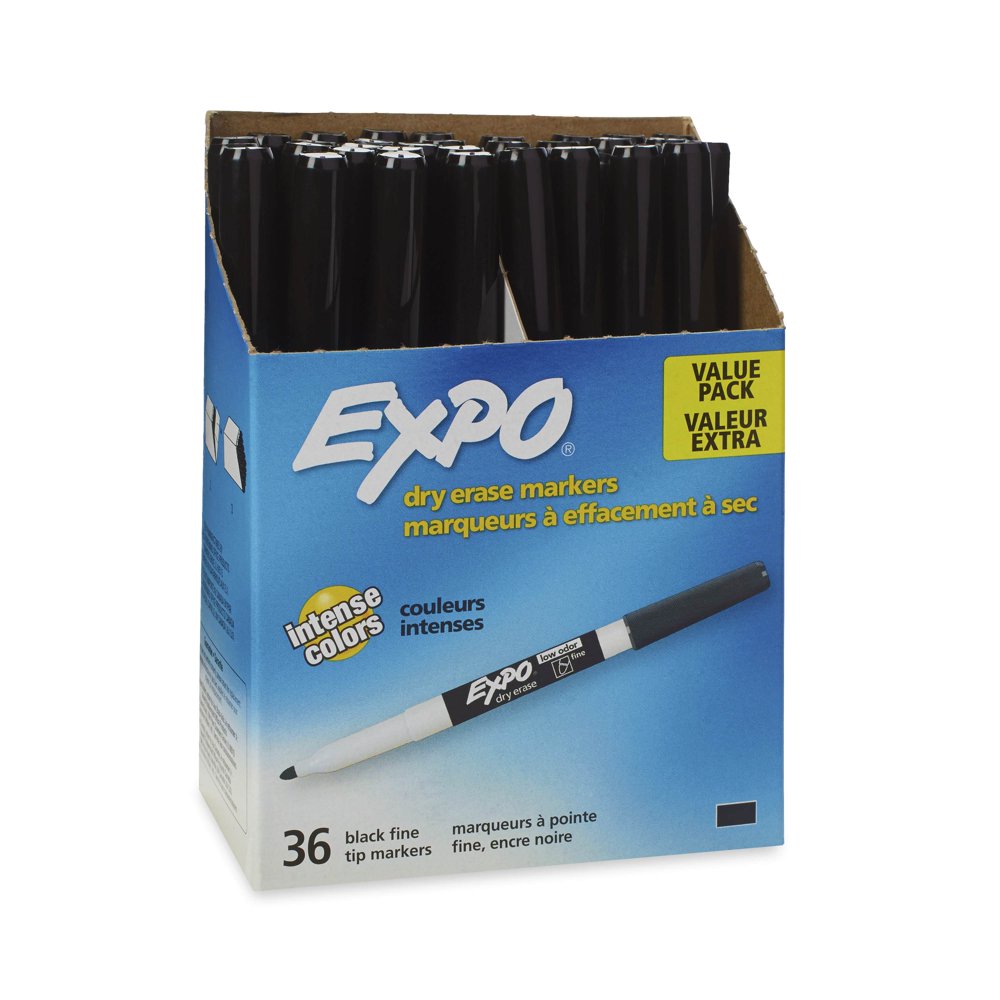 Expo Low Odor Dry Erase Markers, Fine Tip, Black, 36 Count
