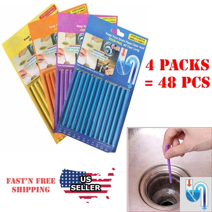 4 Packs 48 pcs Drain Cleaner Sticks Keeps Drains Pipes Clear Odor As
