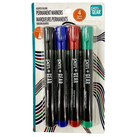 Pen+Gear, 4 Marqueurs permanents pointe biseautée, couleurs assorties, non toxiques, Conformes à la norme ASTM D4236