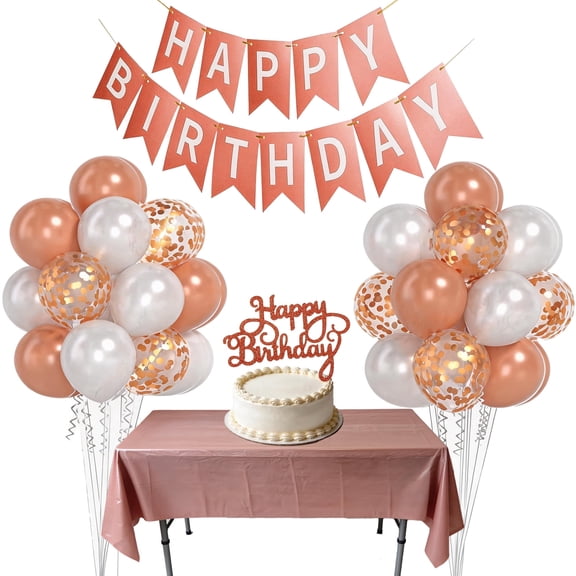 Rose Gold Balloons 12inch with Pearl White Rose Gold Confetti Balloons and Happy Birthday Banner for Engagement Bridal Shower Wedding Birthday Party Decorations
