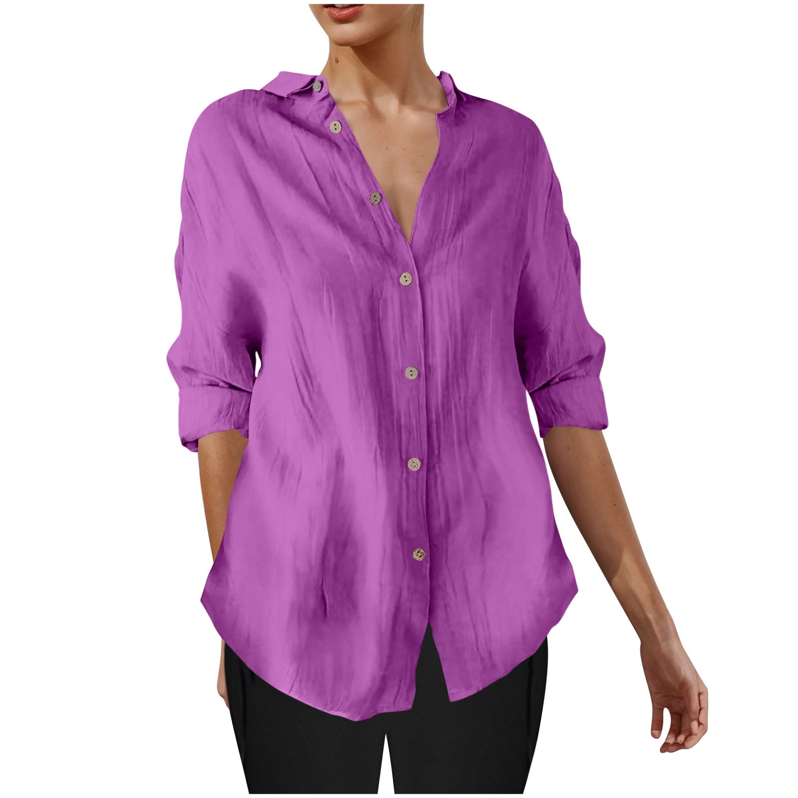 2 Pack ylioge S-4X Plus Size Shirts for Women 3/4 Sleeve Button-Down Blouses Tops Womens Casual Lightweight Solid Color Collared Work Tshirts Top