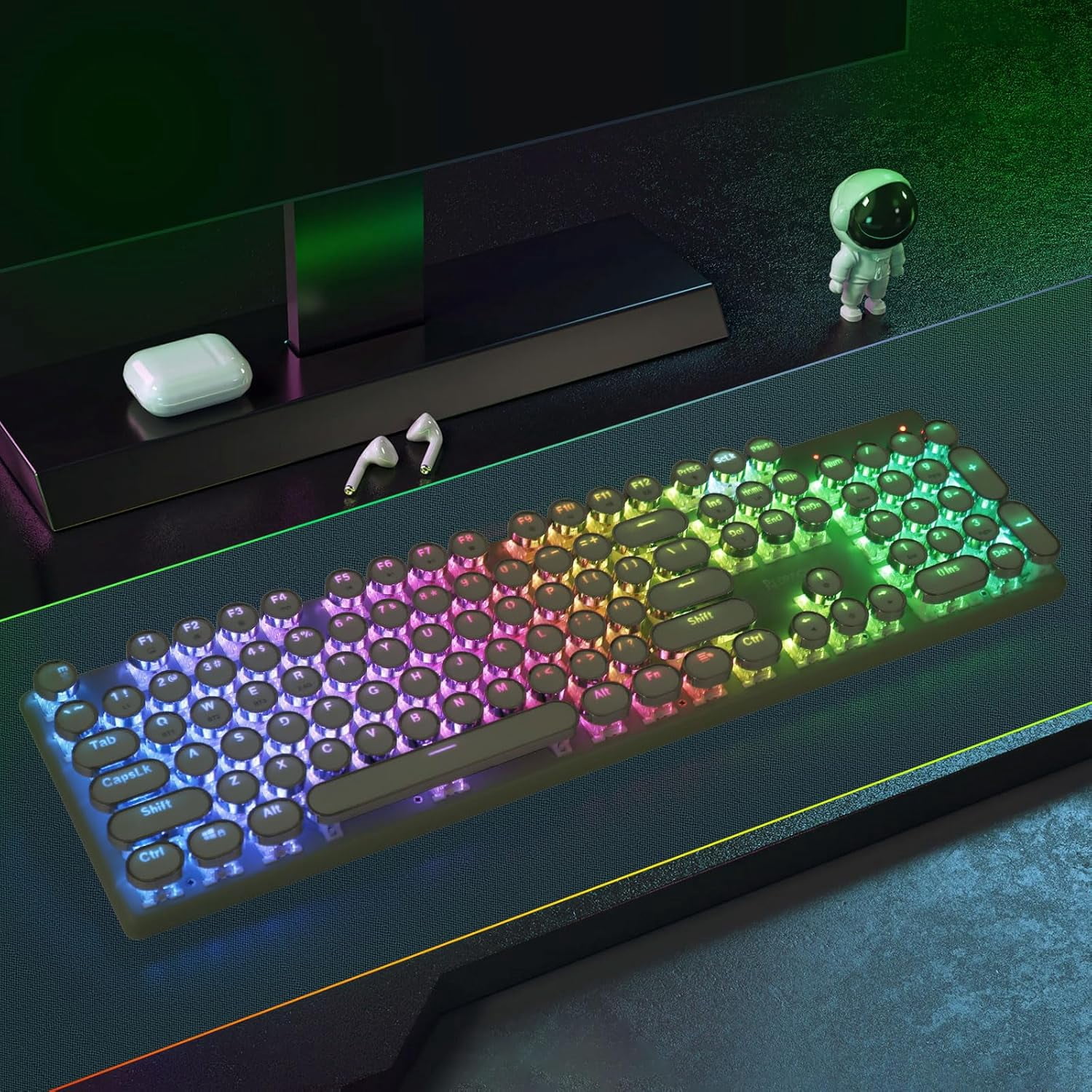 Wireless Typewriter Mechanical Gaming Keyboard, Bluetooth/2.4Ghz/Wired,Blue Switch - Clicky, Rechargeable, Solid Metal Panel, Round Keycaps, Green