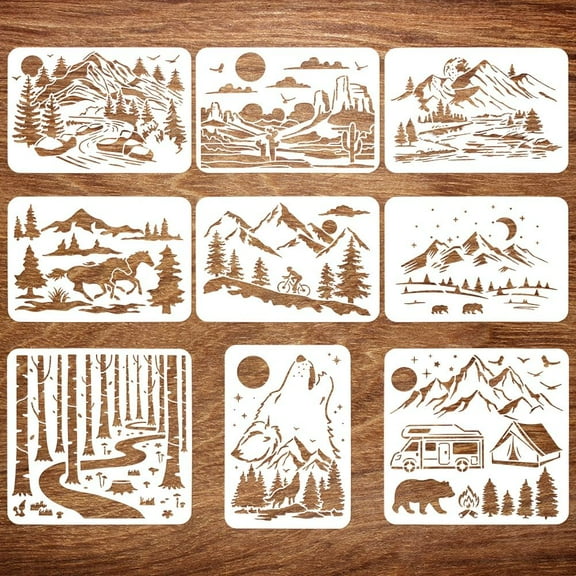 9 Pcs Landscape Painting Large Stencil Set - 8.3x11.7" & 11.8x11.8" Mountains Woods Wolves Horses Houses Cars Bears Human Themes for DIY Wood Floor Tile