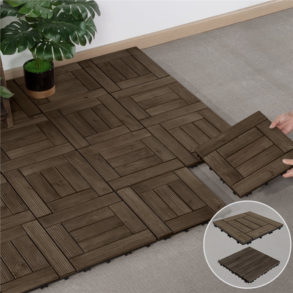 Smilemart 27pcs Indoor Outdoor Wood Flooring Tiles for Patio Garden 12 inch x 12 inch Brown Size 11.4 x 11.4 x 1 Inc