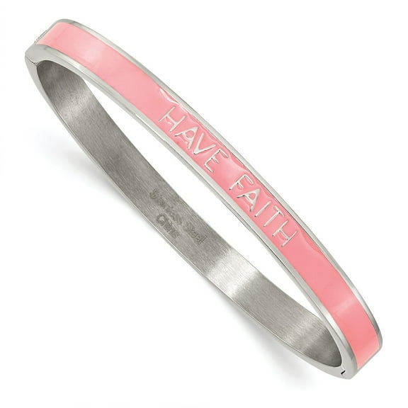 Primal Steel Stainless Steel Polished Pink Enamel HAVE FAITH 6mm Hinged Bangle