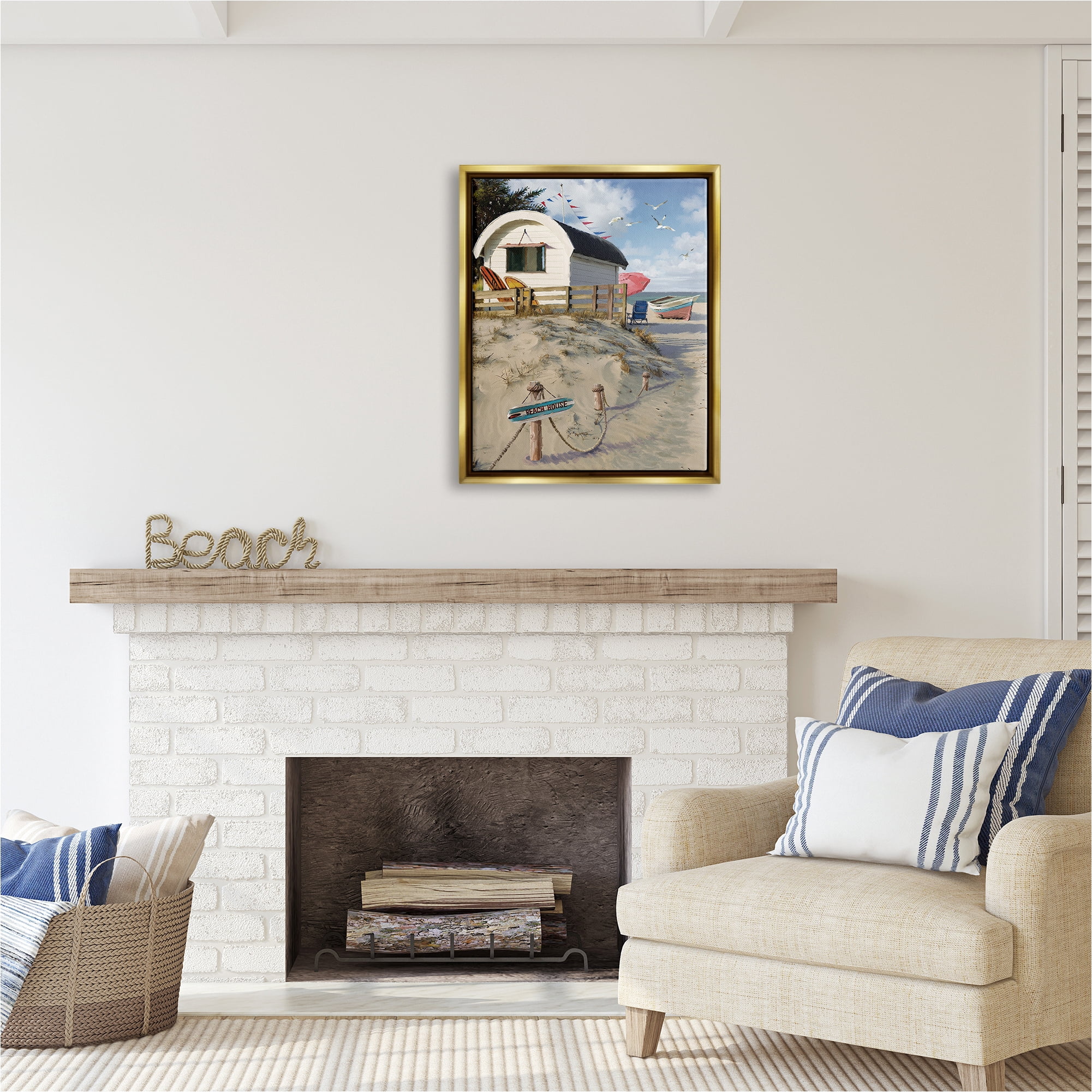 Stupell Industries Beach House Landscape Landscape Painting Gold Floater Framed Canvas Art Print Wall Art, 25 x 31