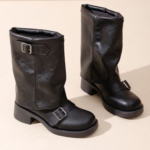 Slouch Mid Calf Boots for Women Square Toe Motorcycle Boots | Soft Faux PU Leather Fall Boots with Buckle Design & Non-Slip Sole