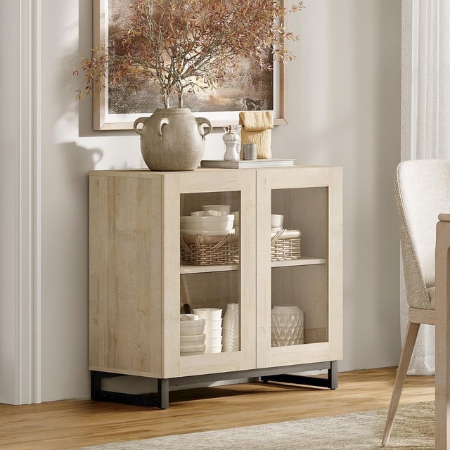 Sideboard Buffet Cabinets with Glass Doors, Modern Sideboard Credenza with Adjustable Shelf and Metal Base, Coffee Bar Cabinet Storage Cabinet for Living Room, Kitchen, Light Oak