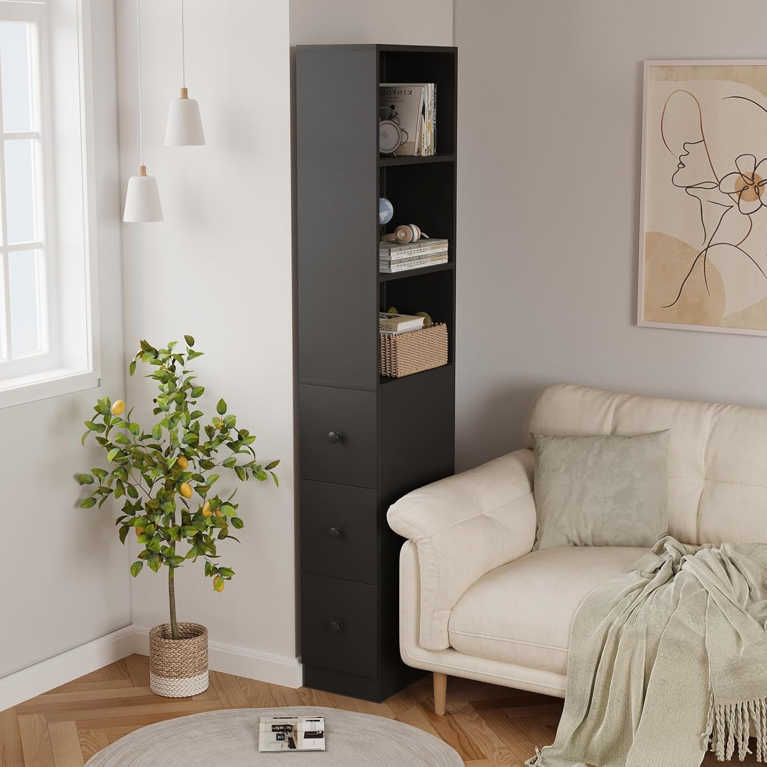 Tall Narrow Free Standing Bathroom Storage Cabinet with 3-Level Adjustable Shelves Home - Space Saver for Living Room Kitchen - Classic Black