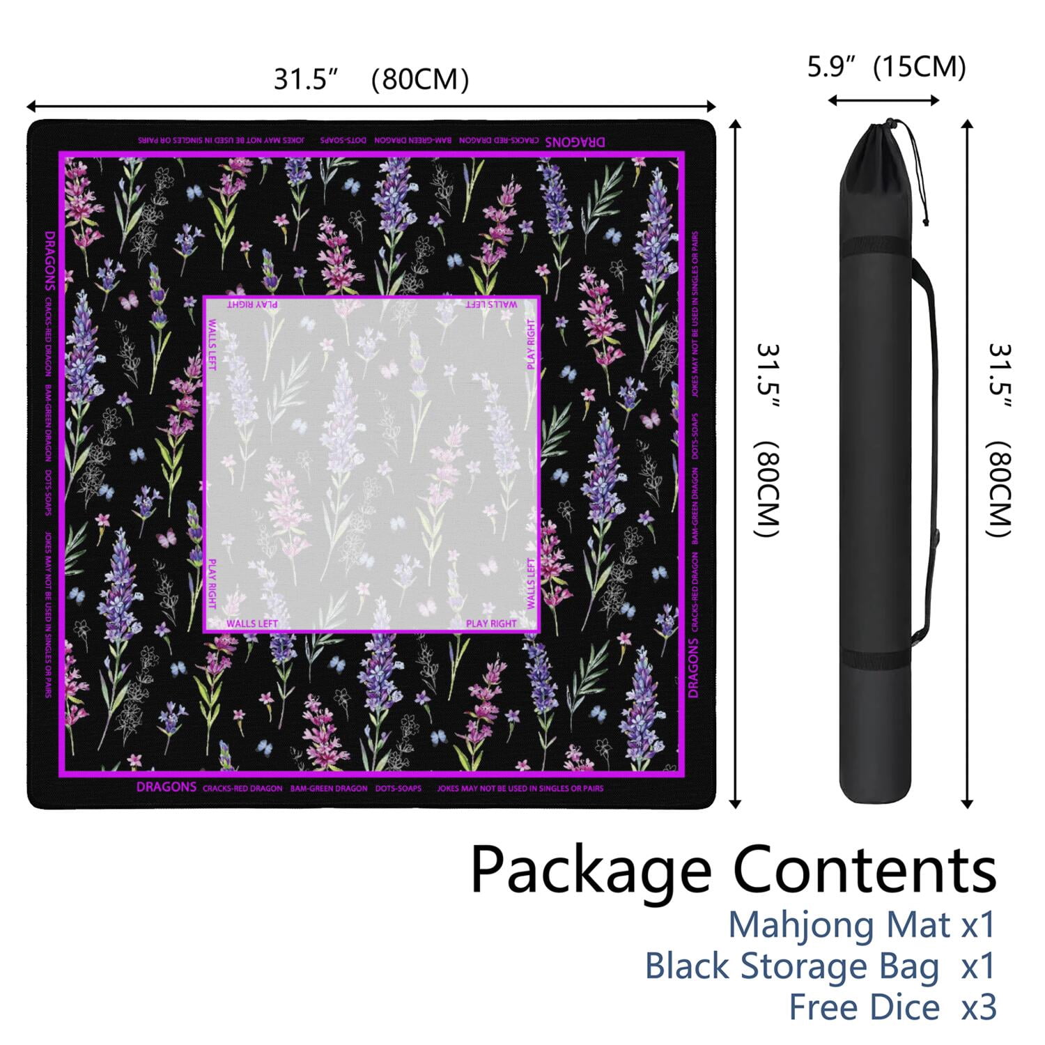 Elegant Mahjong Mat with Rules, 31.5*31.5in Anti Slip American Mahjong Mat for Table, Noise Reduction, Neoprene Mah jongg Mats with Carrying Bag & 3 Dices, Mahjong Set Gift, Board Tile Games Mats