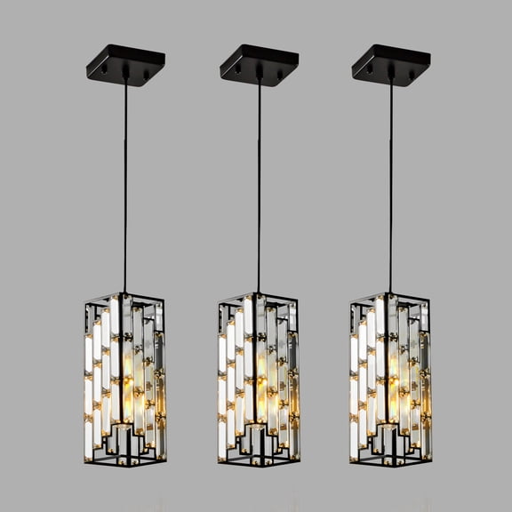 Jopath 3 Pack Crystal Pendant Light, 4" Adjustable Hanging Ceiling Lamp with Crystal Prism Design for Dining Room, Kitchen Island, and Living Room Black