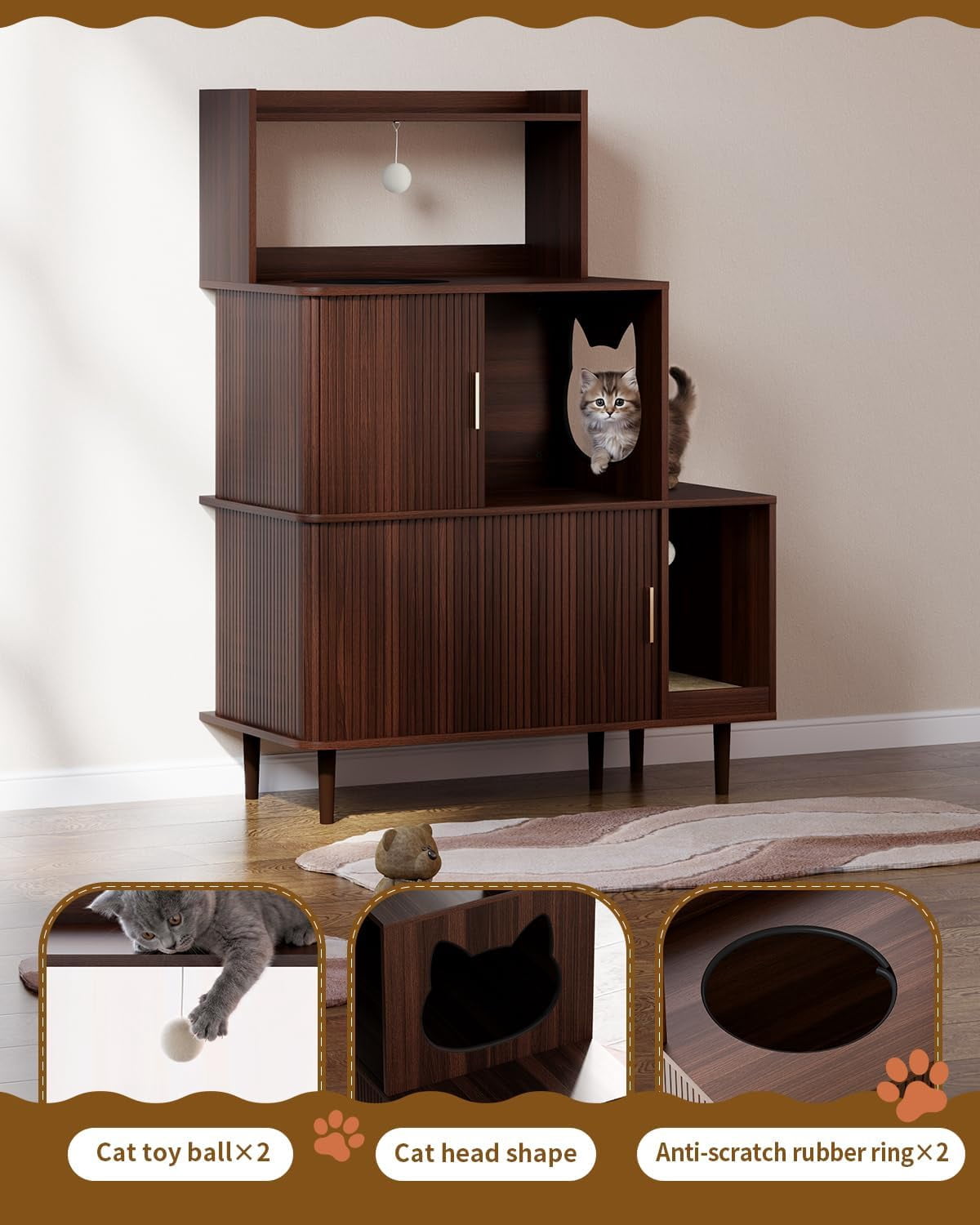 Cat Litter Box Enclosure Furniture with Sliding Door, Large 3-Tier Wood Cat House, Cat Scratch Pad & 2 Dangling Plush Balls, Brown
