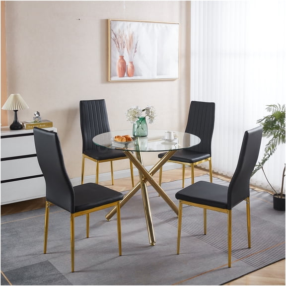 JERFIT Mid-Century Modern 5-Piece Dining Set with Glass Top Table and 4 Chairs, Black and Gold Metal Legs for Kitchen, Breakfast Nook