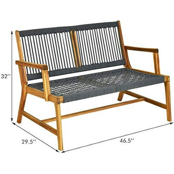 LDAILY Moccha Wood Rope Patio Bench, Modern Outdoor Acacia Park Garden Patio Furniture, 2-Person Solid Wood Patio Loveseat, Knitting Bench with Armrest & Backrest
