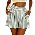 thumbnail image 3 of Women's Striped Summer Shorts With Pockets, Mid Waisted Loose Fit Pleated Casual Beach Shorts, Soft Stretchy Polyester Spandex Drawstring Elastic | TruHer,Army Green L, 3 of 8