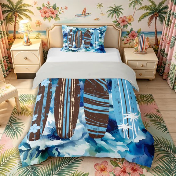 Castle Fairy Watercolor Floral Surfboard Twin Duvet Cover,Rustic Striped Board Layout Twin Bedding,Blue Brown,Grey Reversible,2pcs,No Comforter,1 Duvet Cover and 1 Pillowcase