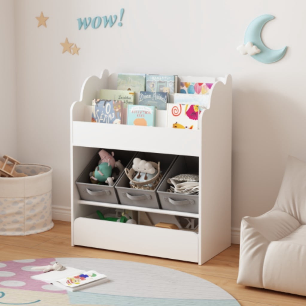 Kids Bookshelf with Storage Bins & Drawer, Wooden Book Organizer with 3 Fabric Bins, Front-Facing Bookcase & Toy Storage for Toddler Nursery, White
