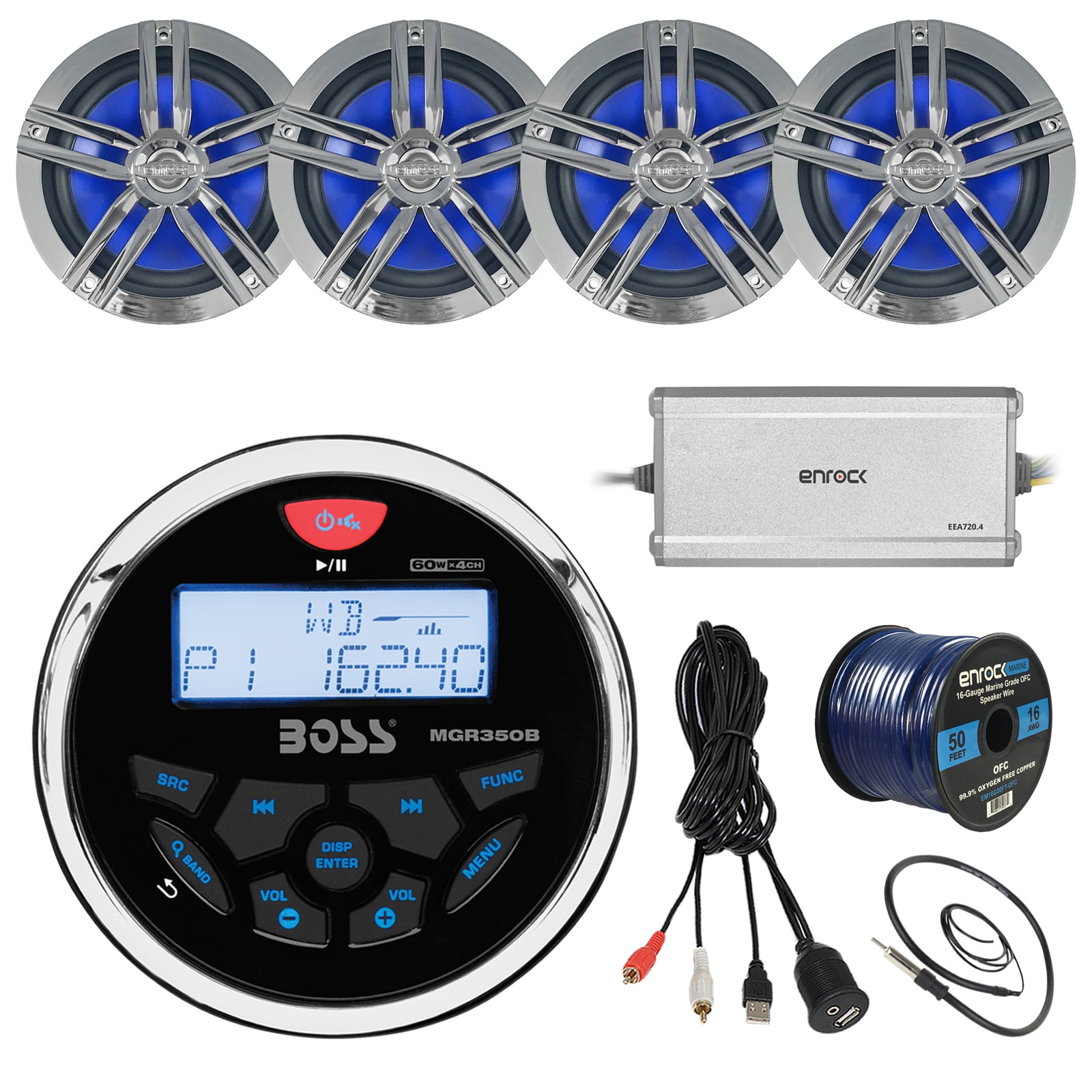 21' 29' Pontoon Boat Marine System Boss Bluetooth Receiver, 4 x 6.5" WaterResistant Speakers