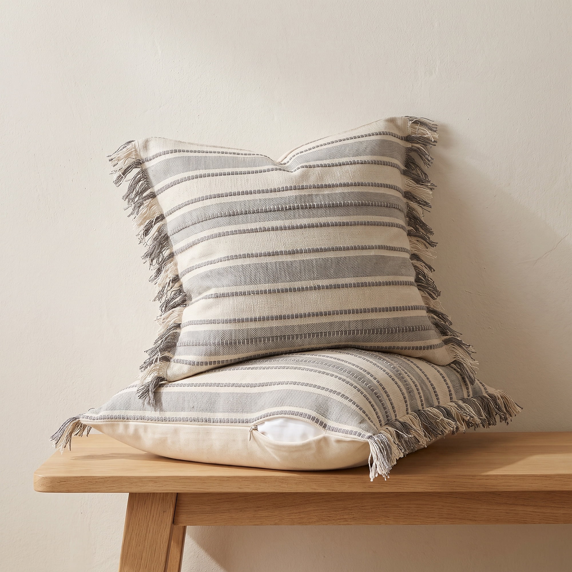 Unique Bargains Boho Stripe Throw Pillow Covers 2 Pack Tassel Cushion Cases Grey 18"x18"