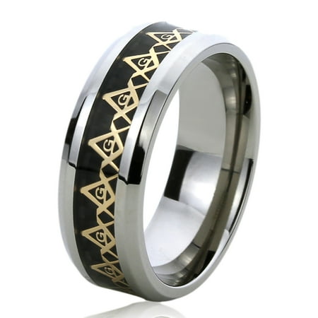 Titanium Masonic Rings (Men Women 8MM Titanium Comfort Fit Wedding Band Ring Yellow Tone Masonic Symbol Inlayed Band (6 to)