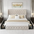 thumbnail image 5 of Breltam King Size Bed Frame with 4 Storage Drawers, Wingback Tufted Headboard, LED Lights, Beige Linen Velvet Upholstered Platform Bed, No Box Spring Needed, 5 of 9