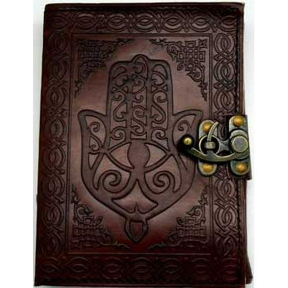 Hamsa Hand Embossed Leather Writing Creative Journal Diary Dream Notebook Brass Latch Closure 168 Pages Linen Parchment Paper 5" x 7"