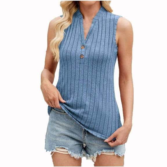Otvok Womens Tank Spring and Summer Leisure V-Neck Solid Color Striped Pullover Top