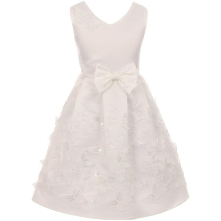 Butterfly And Lace Shirt - Little Girls V Neck Satin Top Butterfly Mesh Lace Bow Flower Girl Dress USA Off White 2 (2J1K1S2)