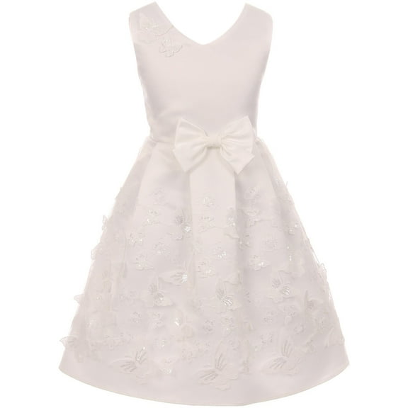 Little Girls V Neck Satin Top Butterfly Mesh Lace Bow Flower Girl Dress USA Off White 4 (2J1K1S2)