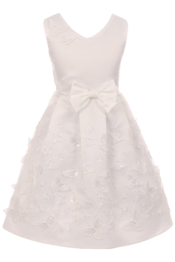 Big Girls V Neck Satin Top Butterfly Mesh Lace Bow Flower Girl Dress USA Off White 10 (2J1K1S2)