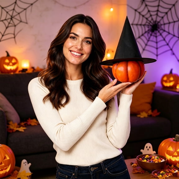 AOMXGD Hangable Halloween Witch Hat Pumpkin Ornament, Seasonal Eerie Decor For Wall, Front Door, Tabletop, Mantel And Autumn Themed Party Layout