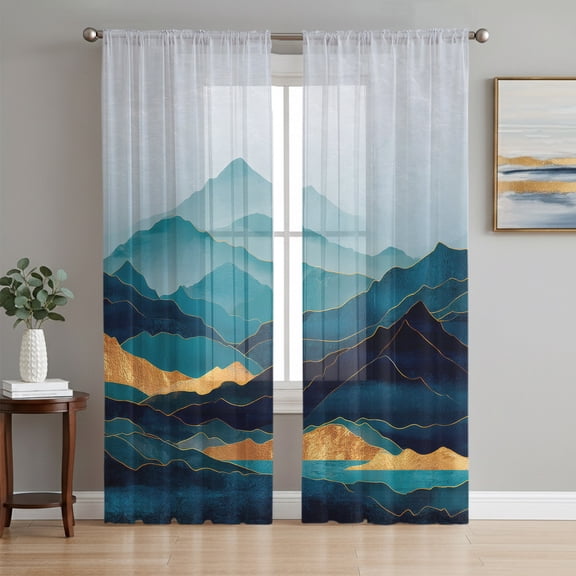Teal Blue Mountains Sheer Curtains 96 Inch Length 2 Panels Set, Modern Abstract Geometric Artwork Voile Window Treatment Semi Sheer Long Curtains Drapes for Bedroom/Living Room/Kitchen 52"x96"x2