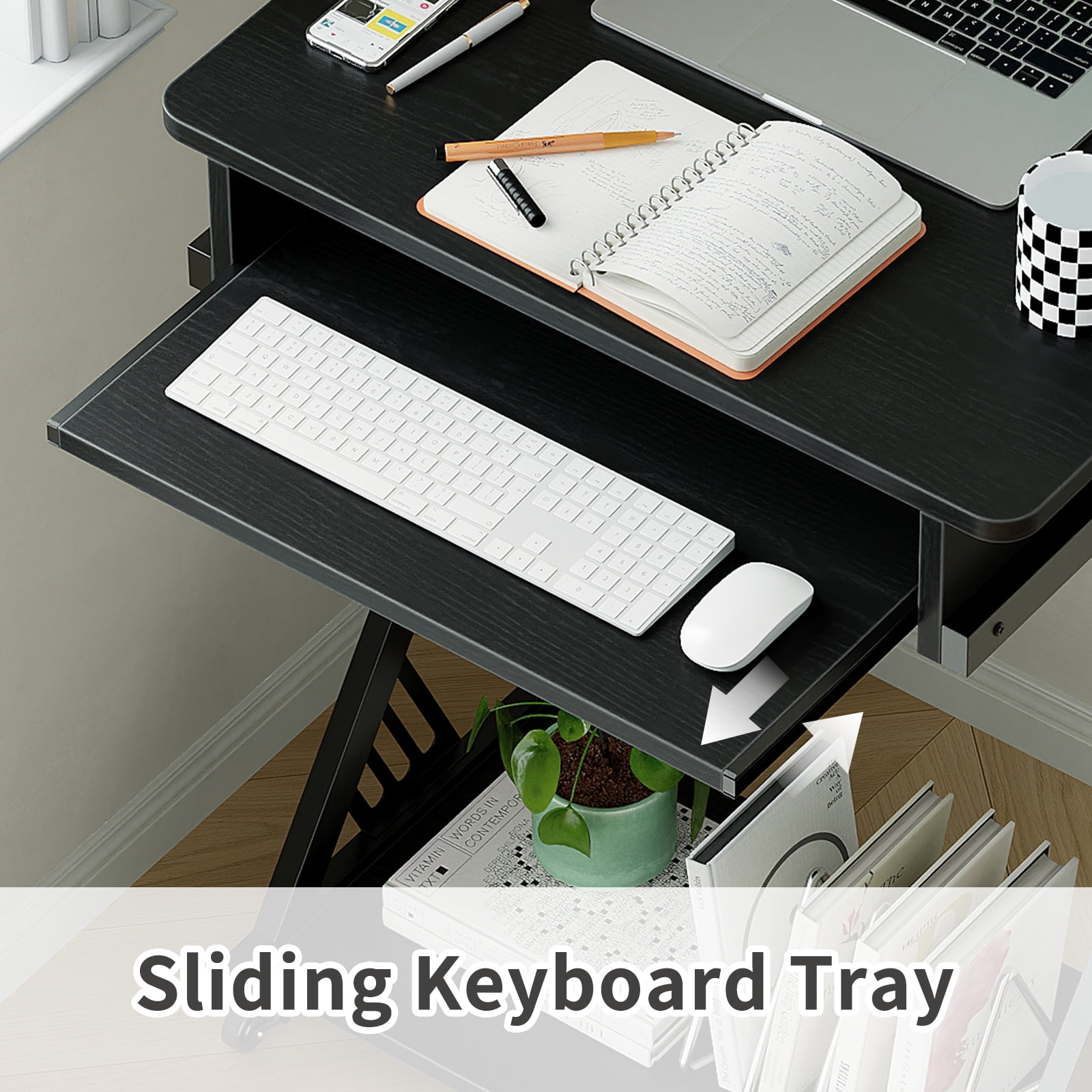 ALISENED 23.6 inch Z-Shaped Mobile Computer Desk with Smooth Keyboard Tray, with Wheels and Bottom Shelves