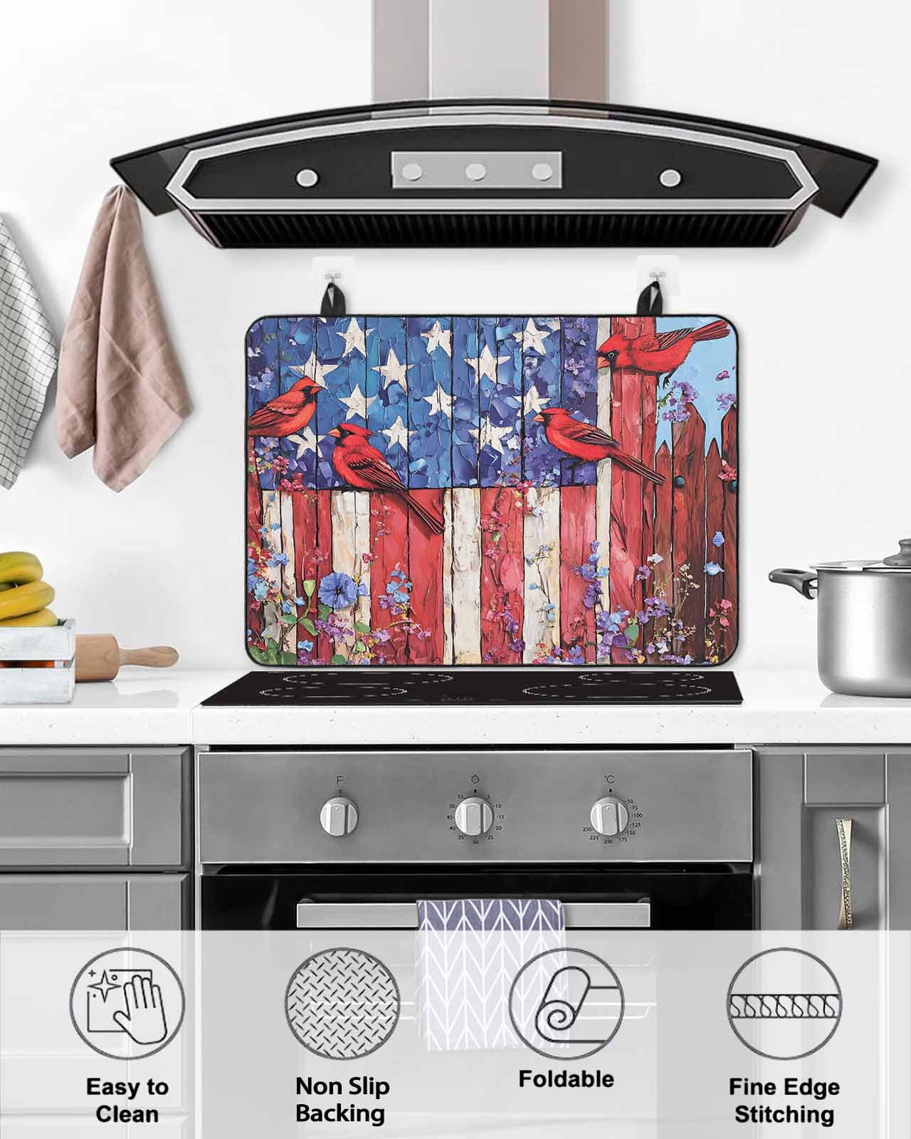nqOlkjepod Large Induction Cooktop Protector Mat 36"x21", American Flag Stove Top Covers for Electric Stove, Red Blue Star Stripe Patriotic Floral Bird Stove Burner Cover Mats, Glass Top Stove Cover