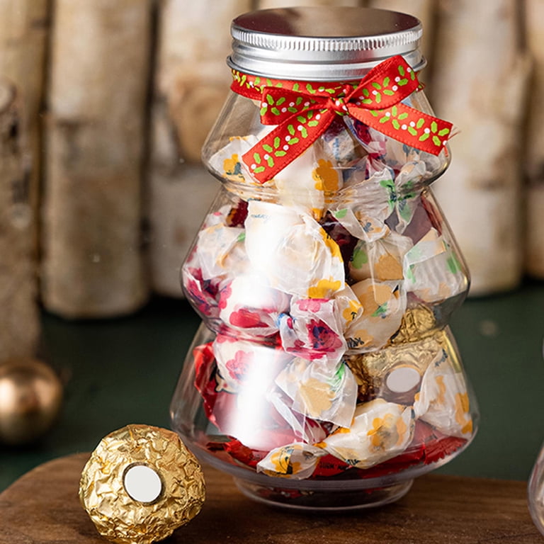 Vaguelly 3-Piece Christmas Tree Candy Bottles - Clear Plastic Cookie Jars With Lids, Holiday Party Favors & Decorations
