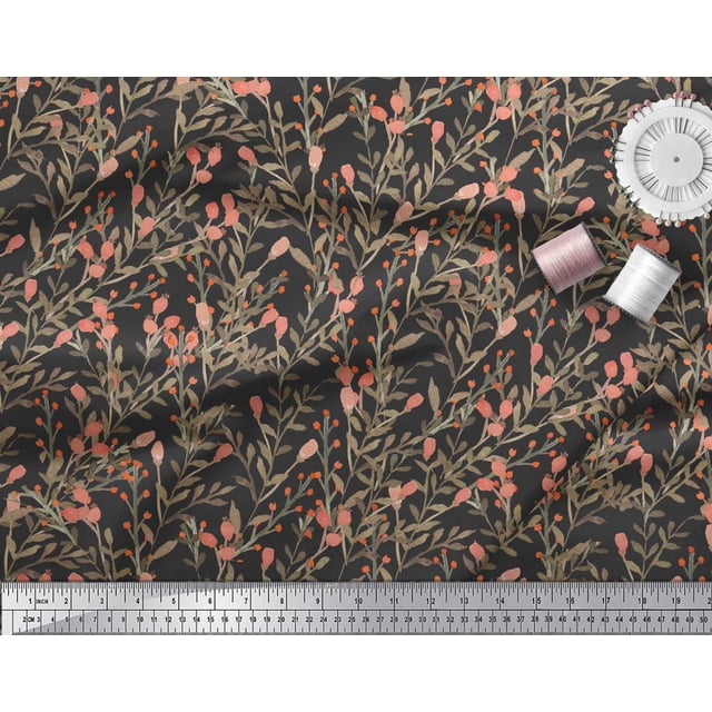 Soimoi Black Poly Georgette Fabric Berries Leaves Print Sewing Fabric BTY 42 Inch Wide