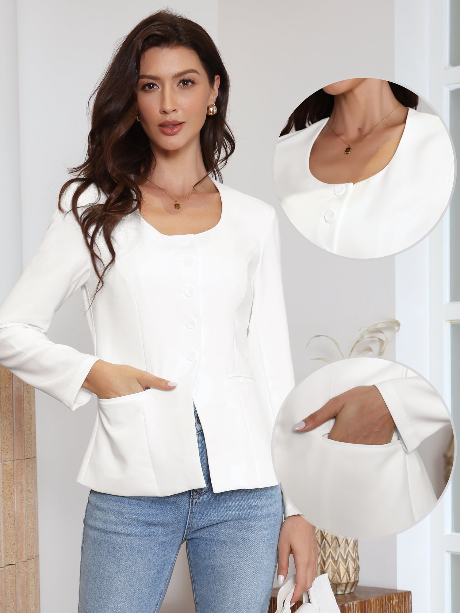 DARING DIVA Women's Collarless Button Down Scoop Neck Fitted Blazer L White