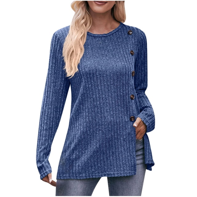 Pisexur Womens Casual Asymmetrical Sweater Solid Color Long Sleeve Ribbed Knit Sweater Crew Neck Button Front Pullover