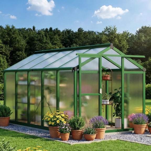 6x10 ft Outdoor Greenhouse with Sliding Door, Walk-in Greenhouse with Polycarbonate Panels & Adjustable Roof Vent & Ground Nails, Aluminum Frame for Garden Patio – Green