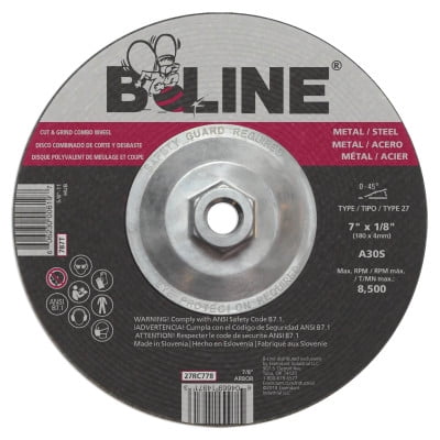 

B-Line Depressed Ctr Combo Wheel 7 in dia 1/8 in Thick 7/8 in Arbor 30 Grit - 10 BX (903-27RC778)