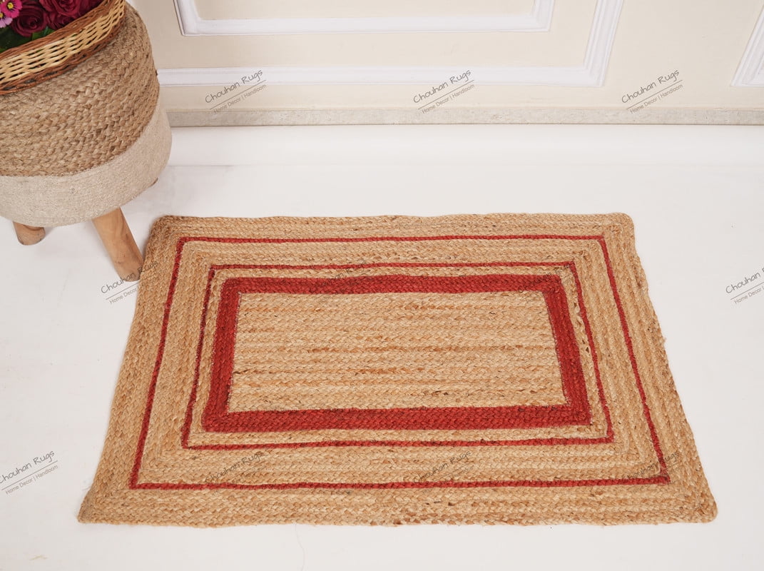 Rectangle Rug Natural Jute Rug Hand Braided Beige and Red Color Scalloped Area Rug