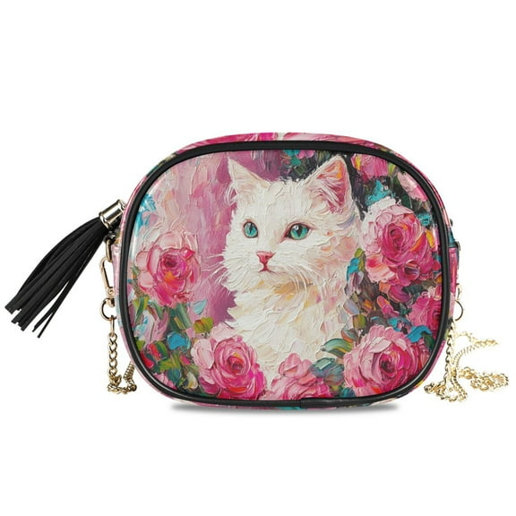 Womens Casual Chain Shoulder Bag Simple style Cat Surrounded by Rose Crossbody Bag